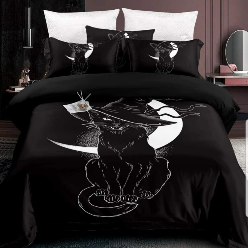 Black Witch Halloween Cat Duvet Cover Set Without Filler! New!